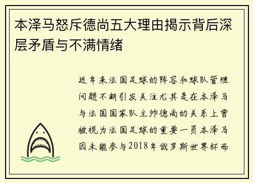 本泽马怒斥德尚五大理由揭示背后深层矛盾与不满情绪